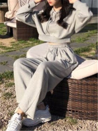 Casual Solid Color Hooded Wide Leg Pants Suits