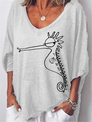 Casual Cute Hippo Print V Neck T Shirts