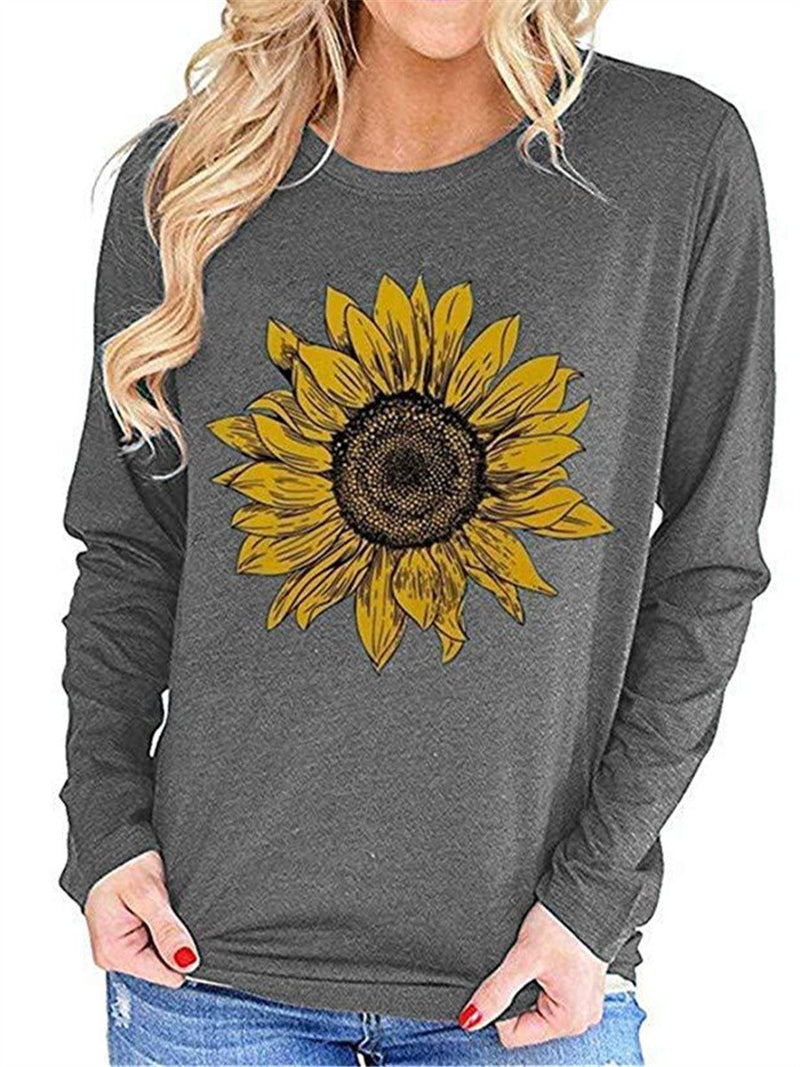 Loose Casual Long Sleeve Sunflower Stitch T-Shirt Top